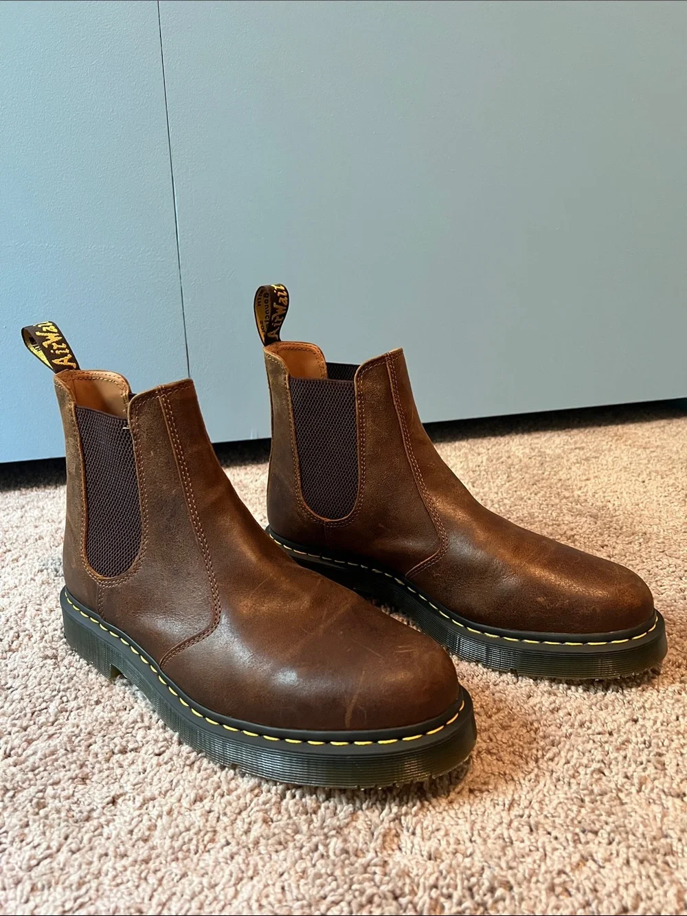 Dr. Martens Brown Leather Chelsea Boots with Yellow Stitching